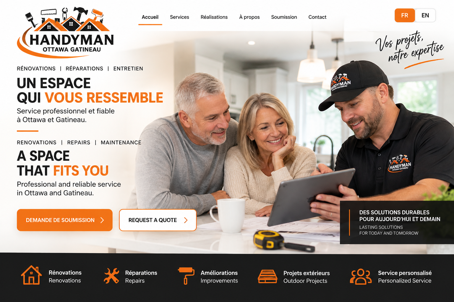 Handyman Ottawa Gatineau homepage concept with couple and contractor using a tablet